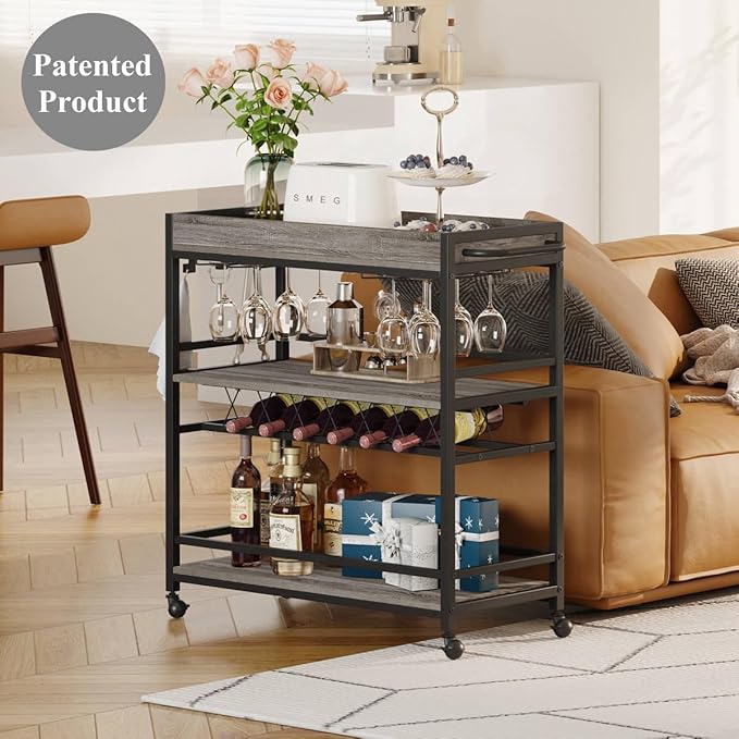 BON AUGURE Bar Cart, Home Bar Serving Cart on Wheels, Mobile 3 Tier Liquor Beverage Carts with Wine Rack and Glass Holder (Grey Oak)-Ruum Studio Home