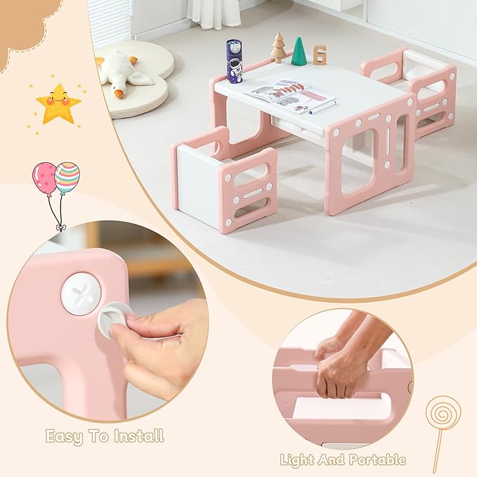 3 in 1 Montessori Weaning Table and 2 Chairs Set, Kids Desk and Chair Set, 2 Height Levels, Toddlers Activity Table for Drawing, Dining, Reading and Playing, Pink-Ruum Studio Home