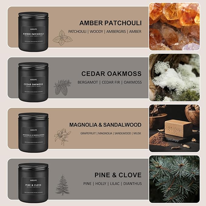 Scented Candles Set | Gifts for Men - 4 Pack Men Candle Set, Masculine Candle, Soy Candles for Home Scented, Gift for Dad Fathers Day -Scent of Cedar Oakmoss/Pine&Clove/Patchouli/Sandalwood-Ruum Studio Home
