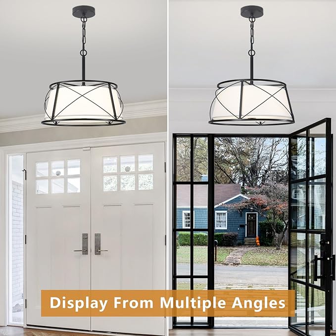 15.7" Black Drum Chandelier,3-Light Modern Farmhouse Chandelier,White Fabric Drum Shade Pendant Light Fixture for Dining Room Kitchen Island Bedroom Entryway-Ruum Studio Home
