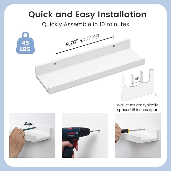 Picture Ledge Shelf for Wall, 16 inch Solid Pine Wood Nursery Book Shelves 2 Packs, Floating Ledge Shelves for Kids' Room Bedroom Bathroom Living Room Photo Frames Office Nursey Wall Decor, White-Ruum Studio Home