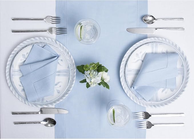 Solino Home Linen Sky Blue Table Runner 156 Inches Long - 100% Pure Linen Extra Long Table Runner 14 x 156 Inch - Classic Hemstitch-Ruum Studio Home