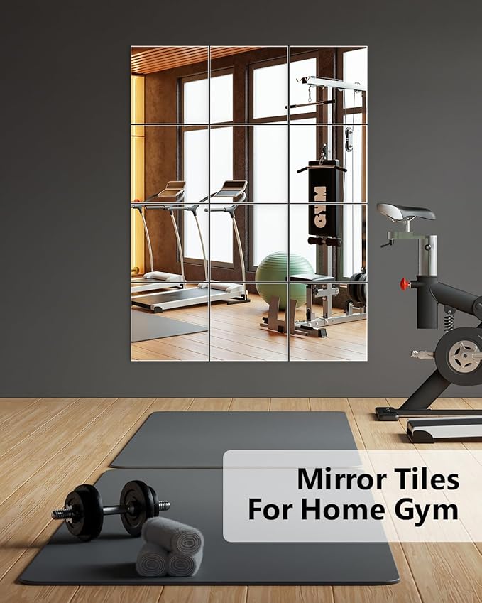 Home Gym Mirrors 12 Inch x 12Pcs Full Length Mirror Tiles Acrylic Unbreakable Wall Mounted Mirror Frameless Full Length for Home Gym, Bedroom, Door-Ruum Studio Home