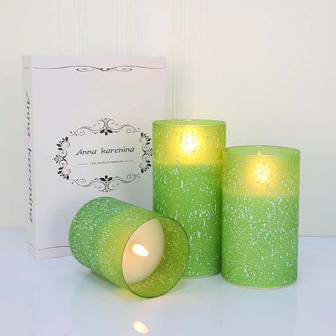 Green Flameless Candles with Remote, Glass LED Pillar Battery Operated Candles with Timer, Flickering Decorative Lights for Home Weddings Holidays Gift Set of 3-Ruum Studio Home