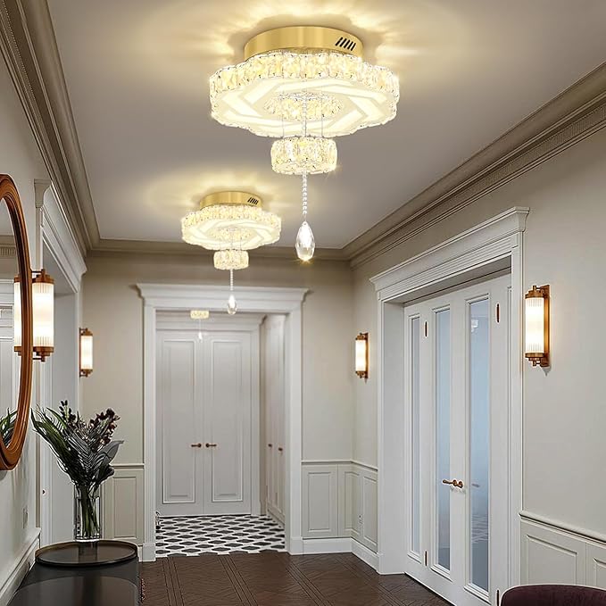 Flashing God 16 Inch Mini Chandelier Modern Crystal Chandeliers Light Semi Flush Mount Ceiling Light Fixture Small Gold Chandelier for Bedroom Hallway Kitchen Foyer-Ruum Studio Home
