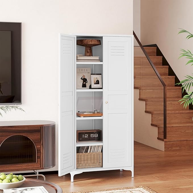 Letaya White Storage Cabinet with Feets-Metal Home Kitchen Pantry Cabinets with Doors and Adjustable Shelves,Organization Locker for Cupboard/Bedroom/Dining/Living/Bathroom/Office/Garage Room (White)-Ruum Studio Home