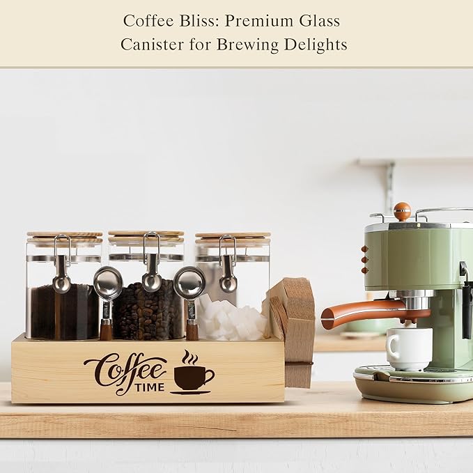 Glass Coffee Canister Set with Shelf & Spoons 3 Piece Coffee Containers for Ground Coffee Coffee Bean Storage Airtight Seal, Coffee Bar Coffee Filter Holder for Kitchen Organization-Ruum Studio Home