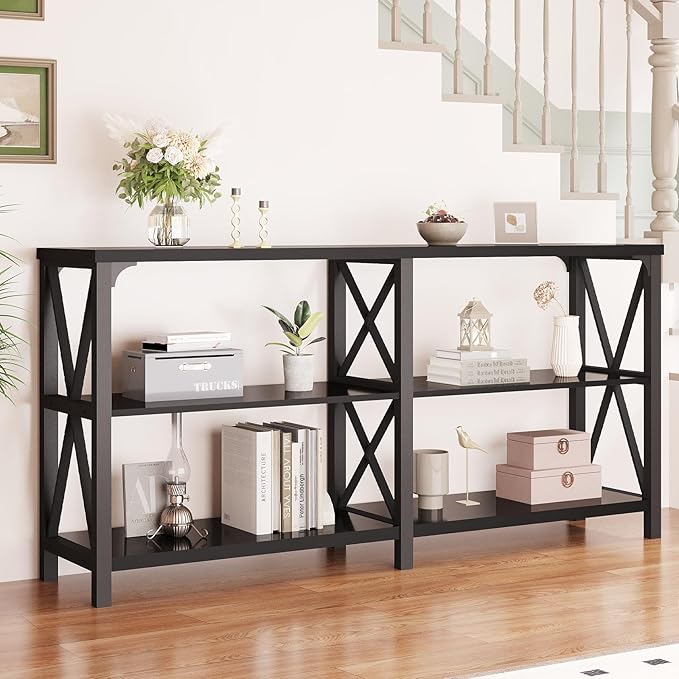LVB Industrial Entryway Table, Farmhouse Rustic Console Tables Behind Couch, Long Metal Wooden Sofa Table with Storage Shelf, Modern Foyer Hallway Table for Living Room Bedroom, Black Oak, 63 in-Ruum Studio Home