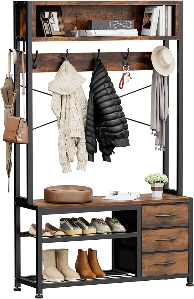 Lulive Hall Tree with Bench and Shoe Storage, 31.5" Coat Rack Freestanding with 2-Tier Storage Shelf, 6-in-1 Entryway Bench Coat Rack with 12 Hooks and 3 Drawers(Rustic Brown)-Ruum Studio Home