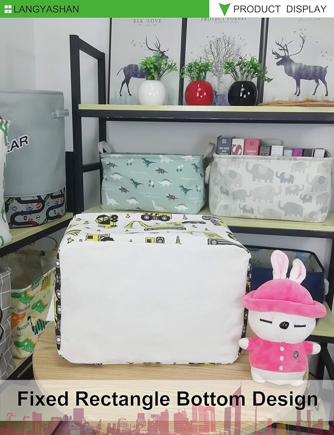 LANGYASHAN Rectangular Storage Bin Collapse Canvas Fabric Cartoon Storage Basket with Handles for Organizing Home Kitchen Boys and Girls Toys Office Closet Shelf Baskets (Rec Engineering Vehicle)-Ruum Studio Home