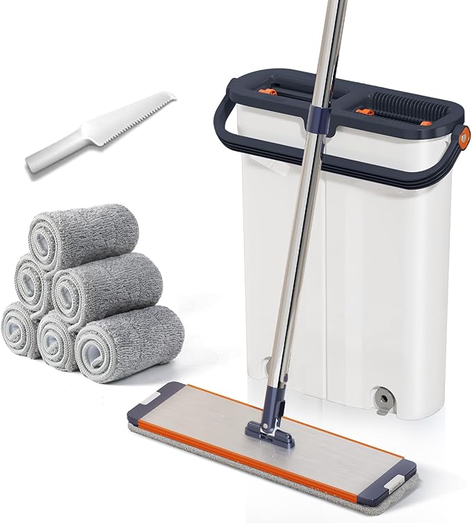 Mop and Bucket Set with Wringer for Home, 360° Flat Squeeze Mop with Long Handle and 6 Microfiber Cloths for Floor Cleaning (White+Blue, Slim Bucket and 15.7'' Aluminum Alloy Mop Head)-Ruum Studio Home