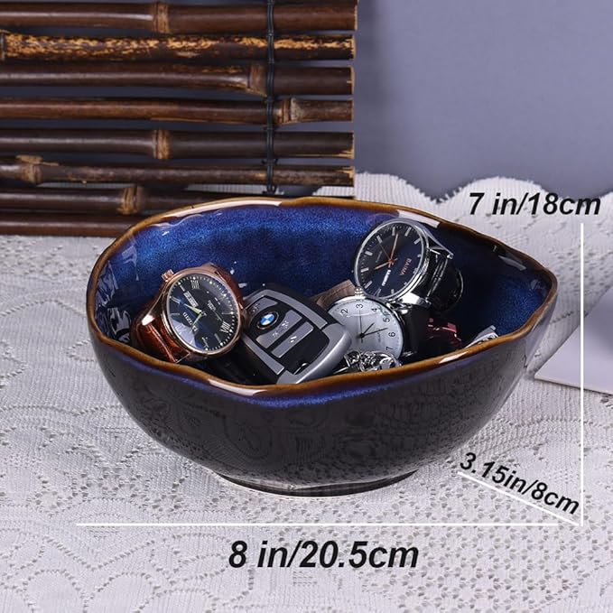 Blue Ceramic Decorative Pottery Key Bowl, Candy Dish, Salad Bowl, Small Jewelry Trinket Dish for Bedroom, Centerpiece, Bedside Table, Living Room Decor (8 inch)-Ruum Studio Home