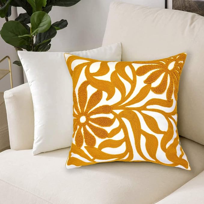Alysheer Farmhouse Floral Leaves Embroidered Decorative Throw Pillow Cover 18x18 inches, Boho Tufted Flowers Embroidery Pattern Chic Cotton Cushion Case for Couch Bed Sofa Living Room(Mustard Yellow)-Ruum Studio Home
