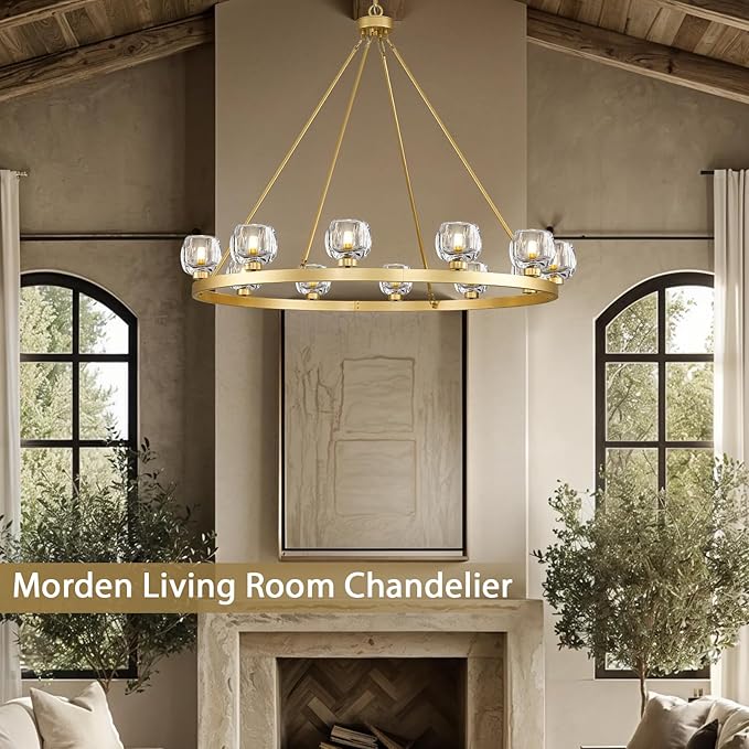 Gold Wagon Wheel Chandelier, 48 Inch Brass Chandeliers with Unique Glass Shade, 12-Light Crystal Large Wagon Wheel Chandeliers for Dining Room, High Ceiling Round Chandelier for Living Room, Foyer-Ruum Studio Home