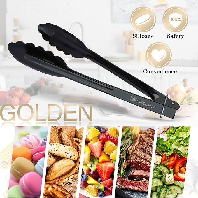 MSY BIGSUNNY 9 Inch Kitchen Food Tongs, Buffet Tongs, Serving Tongs, Black Aluminum Tongs - Set of 3-Ruum Studio Home