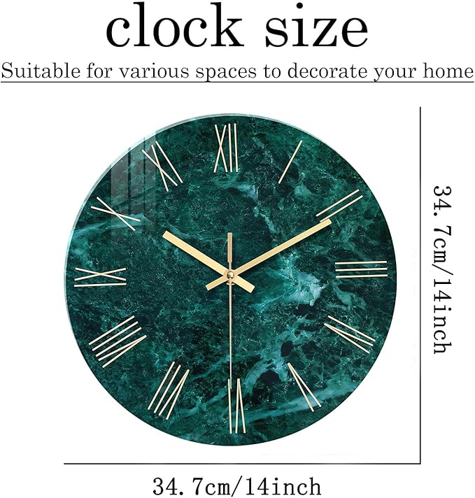 Teal Wall Clock Battery Operated 14 Inch Modern Abstract Clocks for Living Room Decor Marble Pattern Glass Analog Wall Clock Silent-Ruum Studio Home