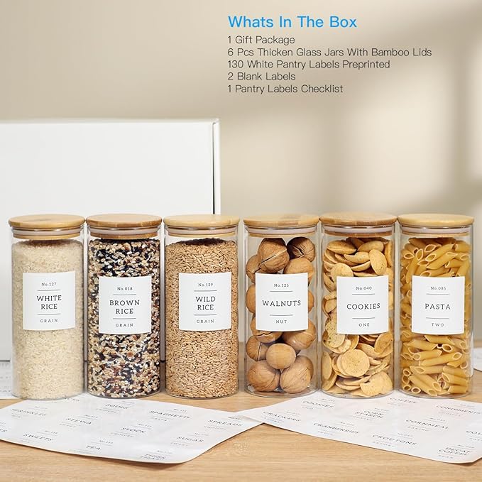 6 Pack Glass Jar with Airtight Bamboo Lid and White 132 Kichen Pantry Labels Preprinted - 28 Oz Clear Round Glass Food Storage Containers set For Tea Coffee Bean Cookie-Ruum Studio Home