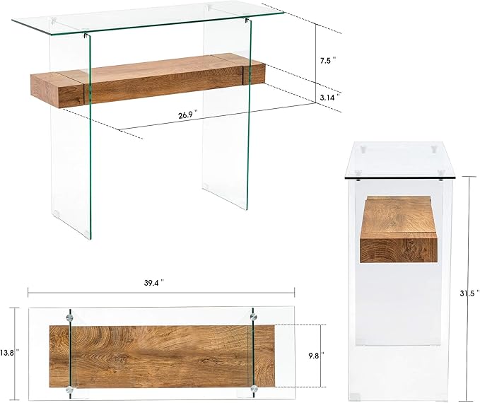 ivinta Glass Console Table with Storage, 39.4" Modern Narrow Entryway Table for Living Room, Entrance, Hallway or Bedroom 5101 (Natural Wood)-Ruum Studio Home