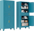 71 "Farmhouse Metal Filing Cabinet with a Drawer and 4 Adjustable Shelves, with 4 Large barn Door White Kitchen Cabinets, Metal Food Cabinets for Home, Kitchen, Dining/Living Room (Peacock Blue)-Ruum Studio Home