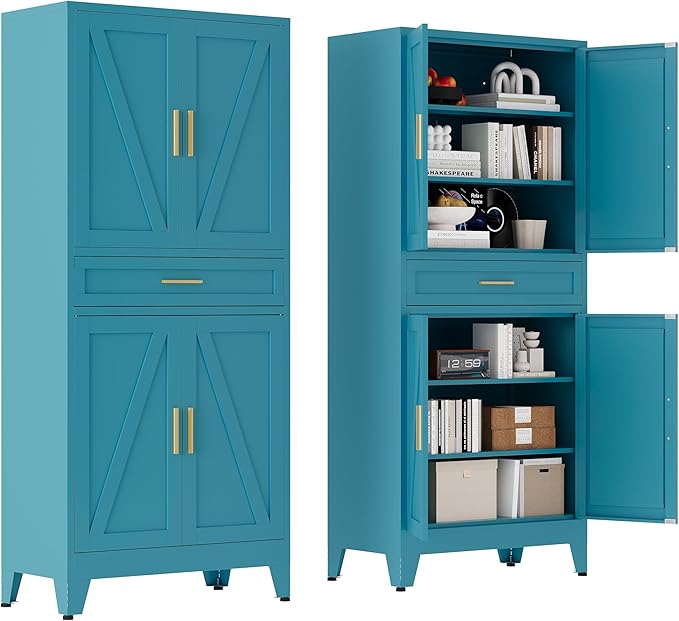 71 "Farmhouse Metal Filing Cabinet with a Drawer and 4 Adjustable Shelves, with 4 Large barn Door White Kitchen Cabinets, Metal Food Cabinets for Home, Kitchen, Dining/Living Room (Peacock Blue)-Ruum Studio Home