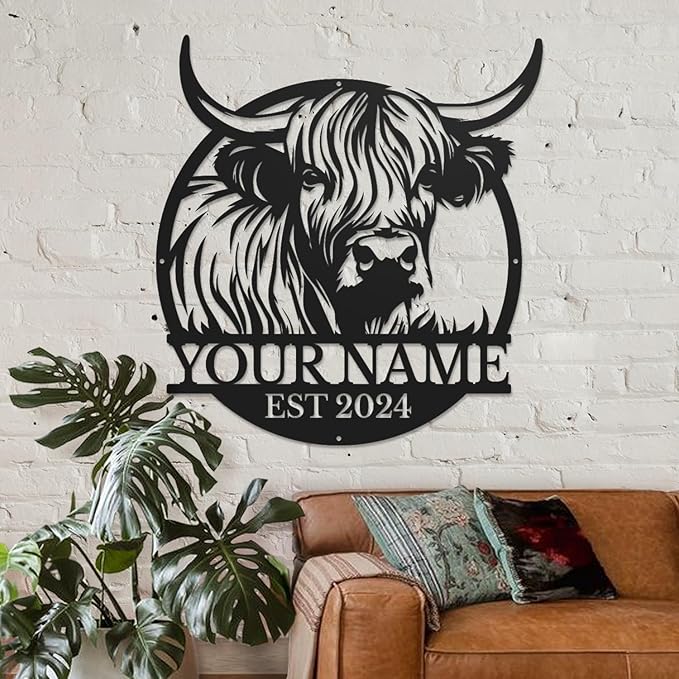 Personalized Highland Cow Name metal Signs,Custom Highland Cow Metal Shed Wall Decor,Black Metal Wall Art Plaques Outdoor wall Decorative Signage (Style F)-Ruum Studio Home