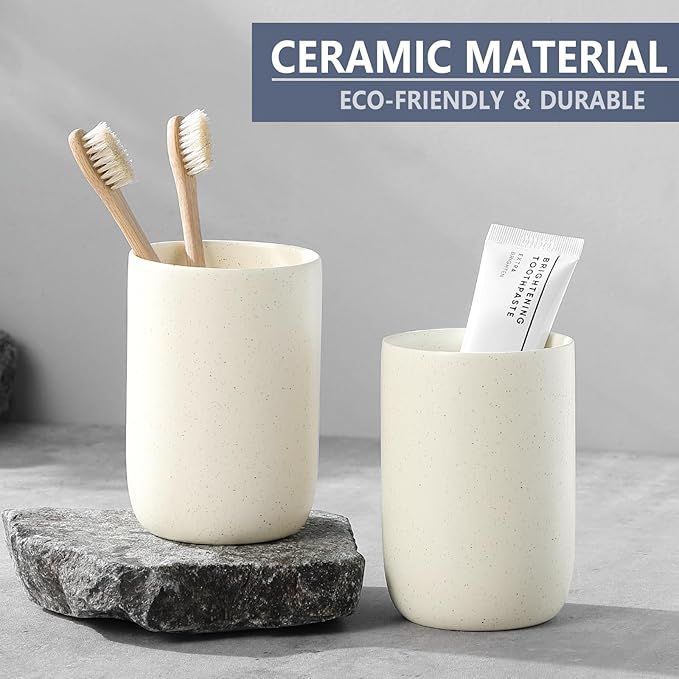 Beige Toothbrush Holders for Bathrooms - 2 Cups Ceramic Toothbrush Toothpaste Holders Set, Beige Bathroom Tumbler Cups Reusable Toothbrush Mouthwash Cup, Bathroom Counter Organizer-Ruum Studio Home