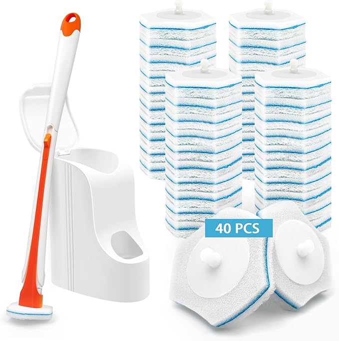 JEHONN Disposable Toilet Bowl Cleaner Wand with 40 Cleaner Refills, Wall Mounted Long Handle Compact Bathroom Scrub Brush Holder Set for Sink Bathtub Wash Basin Mop Pool (Orange)-Ruum Studio Home