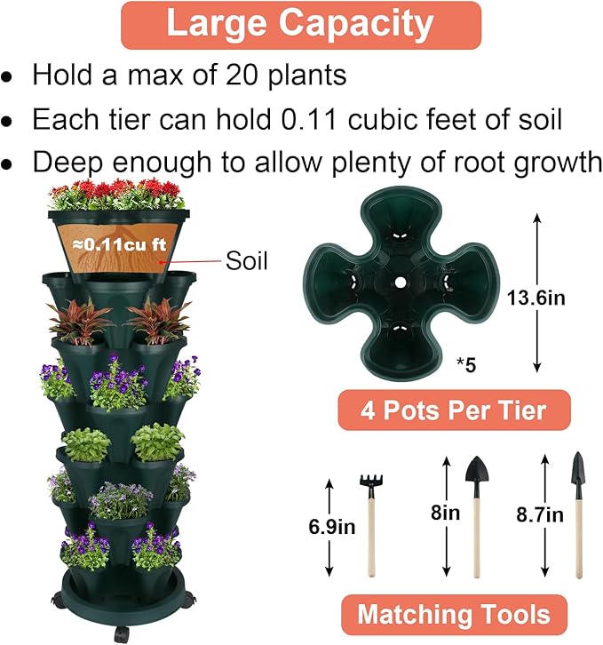 Vertical Planter 7 Tier Stackable Planters Garden Planters Strawberry Herb Flower and Vegetable Planter Indoor Outdoor Gardening Pots with Removable Wheels and Tools 2-Pack-Ruum Studio Home