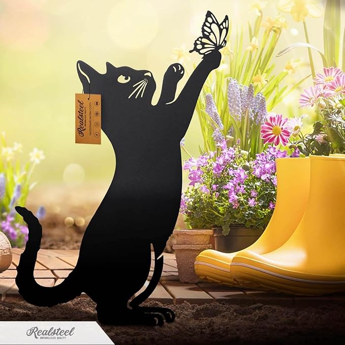 RealSteel I 3 Pack Steel Cat Garden Decor I Outdoor Yard Decorations I Gift for Cat Lovers I Lawn Ornaments and Statues I Garden Signs Decorative Outdoor - Textured Silver-Ruum Studio Home