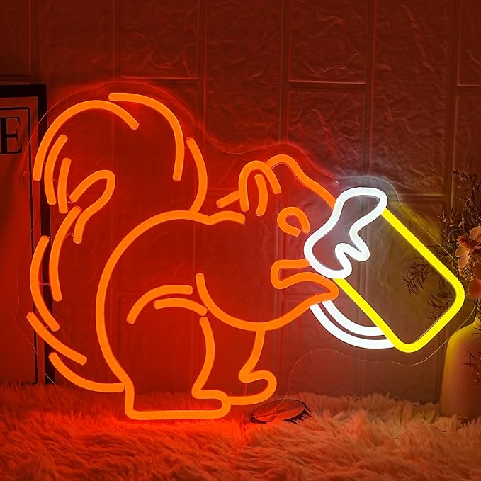 Squirrel Beer Neon Sign for Wall Decor Bar Neon Light Orange Squirrel Drinking Wine Led Light Animal LED Sign Dimmable LED Neon Light for Bar Bedroom Kidsroom Business Game Room-Ruum Studio Home