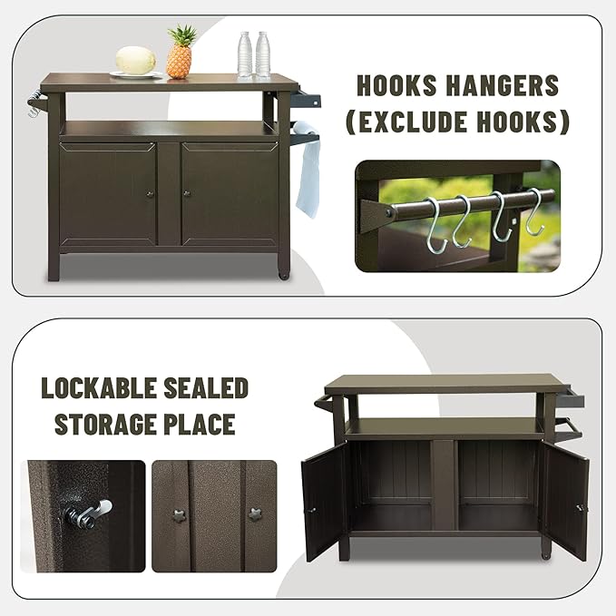 Domi Grill Carts Outdoor with Storage and Wheels, Whole Metal Portable Table and Storage Cabinet for BBQ,Deck,Patio,Backyard (Brown, L45xW20.31xH35.51 Inch)-Ruum Studio Home