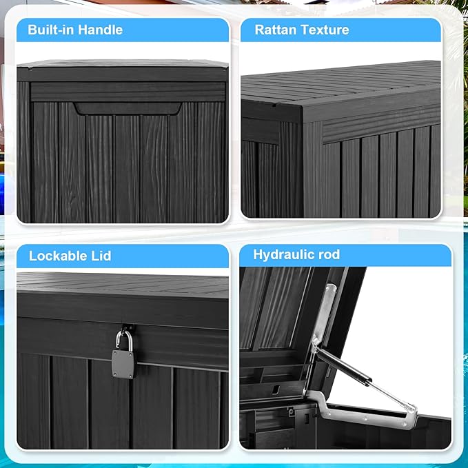180 Gallon Outdoor Deck Box,Storage Lockable Waterproof Patio Furniture,Garden Tools,Cushions,Pool Accessories Outside Storage Resin Box(Black)-Ruum Studio Home