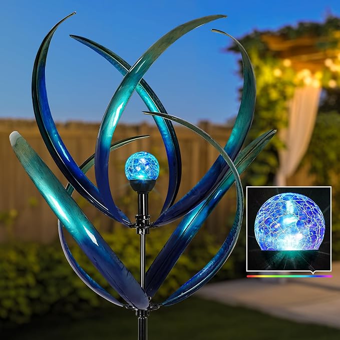 Outdoor Wind Spinners with Solar Light, 82'' Metal Large Spinner Yard Art, Peacock Blue Wind Sculptures for Garden Lawn Patio, Gifts for Family-Ruum Studio Home