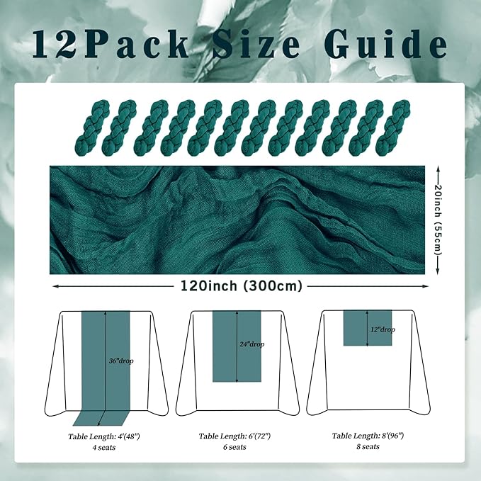12 Pack Teal 10FT Cheesecloth Table Runner Rustic Gauze Cheese Cloth Table Runner for Wedding Bridal Baby Shower Table Decorations Boho Fabric Sheer Birthday Party Table Decor 20 x 120 Inch Long-Ruum Studio Home