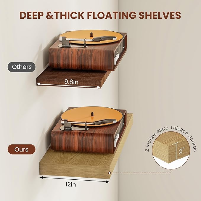 12 Inch Deep Floating Shelves 55 inch Long, 55 x 12 Wide Wall Shelves with Invisible Brackets, Heavy Duty Shelf for Bedroom Bathroom Living Room Kitchen Office Home Decor, Modern Shelf Set of 2, Oak-Ruum Studio Home