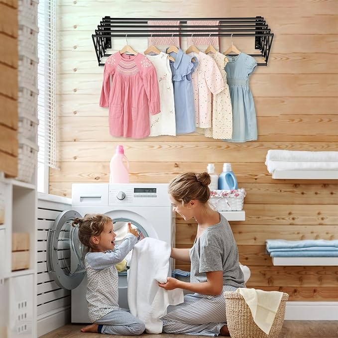 XL-31.5'' Wall Mounted Clothes Drying Rack, 130 lbs Large Capacity Rustproof Retractable Collapsible Drying Rack Easy Install with 7 Drying Rods, Space Saving Towel Clothes Rack for Laundry-Black-Ruum Studio Home