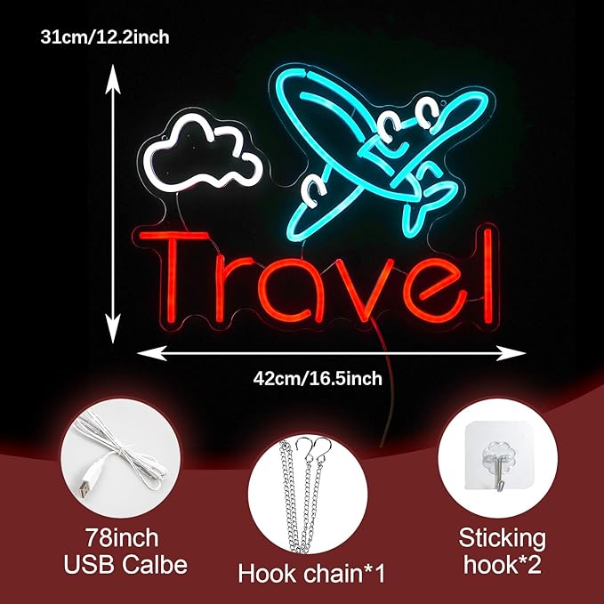 Travel Neon Sign USB Airplane LED Light Up Sign for Wall Decor Dimmable 12.2 * 16.5 In Go To Tranel Neon Light for Airport Travel Agency Bedroom(Ice Blue Red White)-Ruum Studio Home