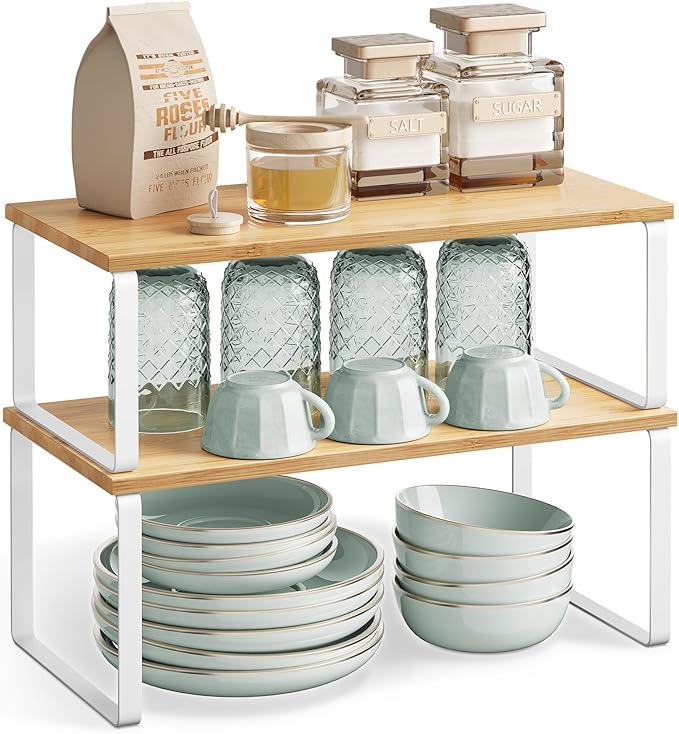 SONGMICS Cabinet Organizer Shelf, Set of 2 Kitchen Counter Shelves, Kitchen Storage, Spice Rack, Stackable, Expandable, Metal and Engineered Wood, Cloud White and Natural Beige UKCS200W01-Ruum Studio Home