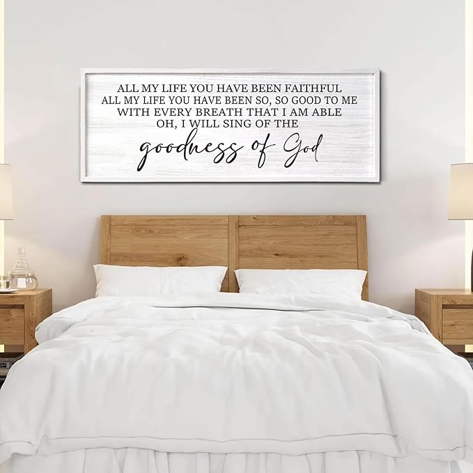 Goodness of God Framed Wall Art, 40''×15'' Positive Religious White Bible Verse for Christian God Jesus Christ Prayer, Vintage Rustic Long Holy Catholic Scripture Decor-Ruum Studio Home
