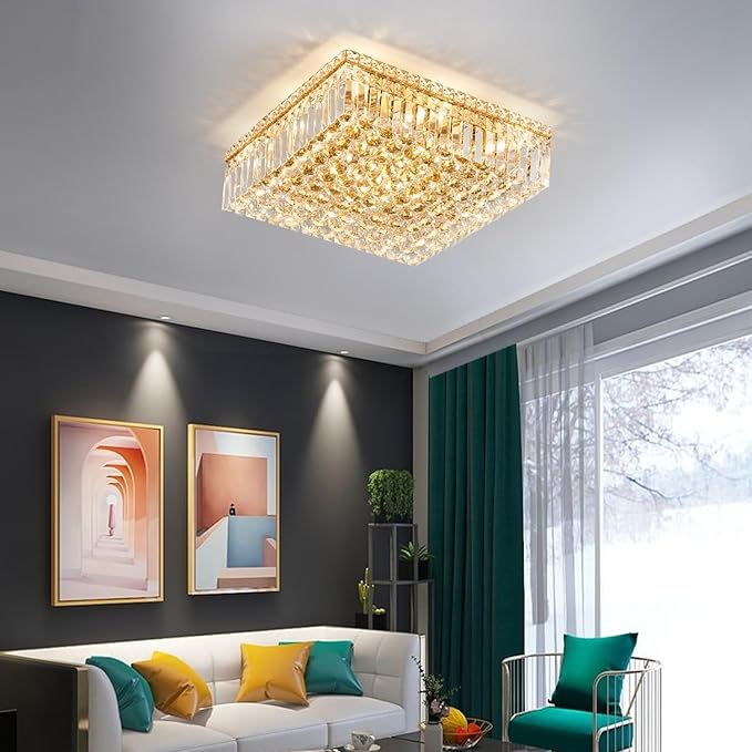 12-Lights Gold Crystal Flush Mount Ceiling Light Fixtures,Elegant Crystal Chandelier Pendant Ceiling Lamp for Bedroom,Living Room,Dining Room,Hallway H5.9 x W20 x L20 (Bulb Not Included) Square-Ruum Studio Home