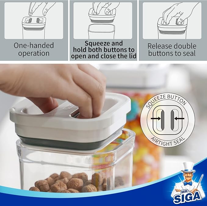MR.SIGA 8 Piece Airtight Food Storage Container Set, BPA Free Kitchen Pantry Organization Canisters, One-handed Airtight Plastic Containers with Lids for Cereal, Spaghettie, Pasta,White-Ruum Studio Home
