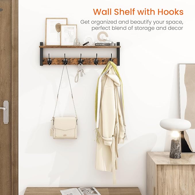 Homode Coat Rack with Wall Mount, 24 Inch Long Entryway Wall Shelf with Hooks, Wood Hanger with Storage Shelf for Bathroom, Hallway, Rustic Brown Black-Ruum Studio Home