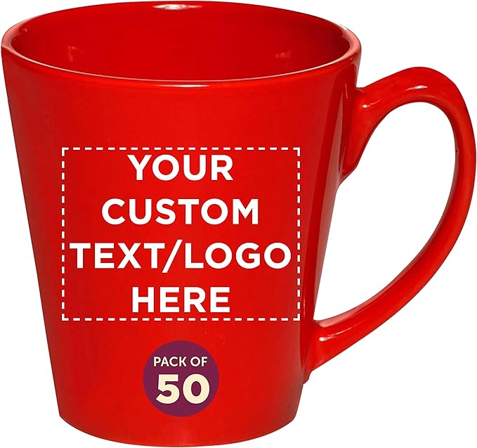 DISCOUNT PROMOS Custom Glossy Ceramic Latte Coffee Mug 12 oz. Set of 50, Personalized Bulk Pack - Perfect for Tea, Espresso, Cappuccino, Hot Cocoa - Red-Ruum Studio Home