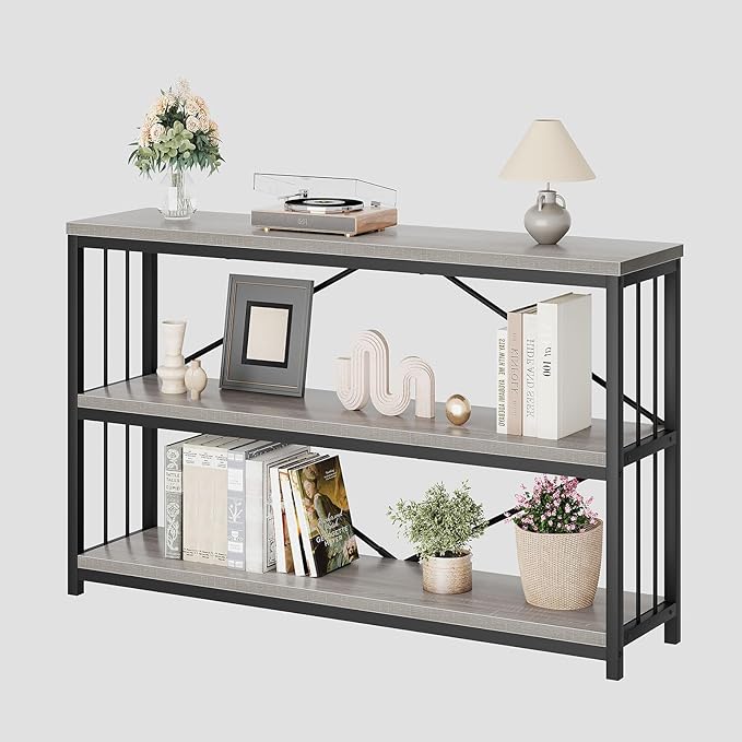 LVB Farmhouse Entryway Table, Metal Wood Console Table for Hallway, Industrial Rustic Sofa Table with 3-Tier Storage Shelf, Modern Entry Table for Foyer Front Home Living Room, Light Grey Oak, 47 inch-Ruum Studio Home