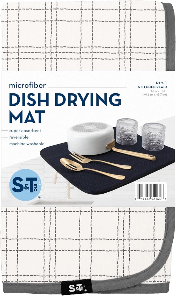 S&T INC. Dish Drying Mat, 16” x 18”, Absorbent Microfiber Kitchen Counter Mat, Dish Drying Pad for Dishes, Utensils, Pots and Pans, Large, Stitched Plaid-Ruum Studio Home