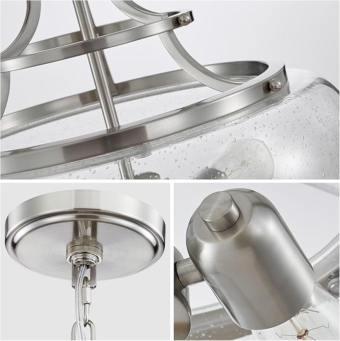 WUZUPS Chandelier Rustic Farmhouse Industrial Round Ceiling Pendant LED Light Fixture Clear Seeded Glass Shade for Dining Room Kitchen Island Foyer Entryway, H 20.9" x W 15.9", Brushed Nickel-Ruum Studio Home