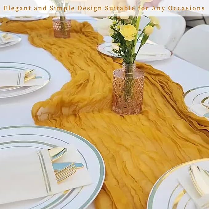 6 Pack Mustard 10FT Cheesecloth Table Runner Rustic Gauze Fabric Cheese Cloth Table Runner for Wedding Bridal Baby Shower Table Decor Boho Sheer Birthday Party Table Decorations 20 x 120 Inch Long-Ruum Studio Home