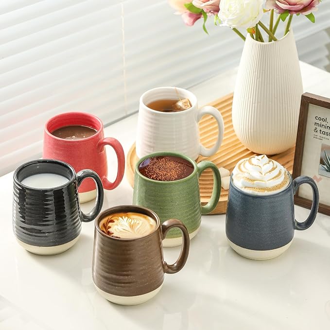 Hasense Porcelain Coffee Mugs Set of 6, 15 Ounce Large Ceramic Coffee Cups Set with Handle for Latte, Tea, Cocoa and Hot Chocolate, Colorful Coffee Mugs for Men and Women, Microwave Safe-Ruum Studio Home