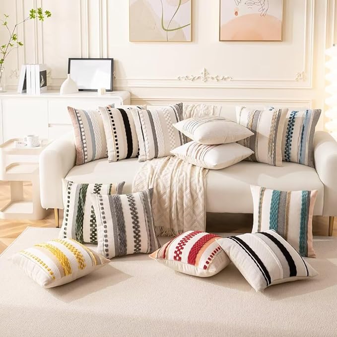 Boho Throw Pillow Covers 18x18 Set of 2 Farmhouse Decorative Cushion Case Striped Square Pillows Cover Chenille Pillow Cases Accent Neutral Pillowcase for Sofa Couch Bed,Blue-Ruum Studio Home