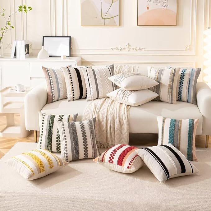 Boho Throw Pillow Covers 18x18 Set of 2 Farmhouse Decorative Cushion Case Striped Square Pillows Cover Chenille Pillow Cases Accent Neutral Pillowcase for Sofa Couch Bed,Yellow-Ruum Studio Home